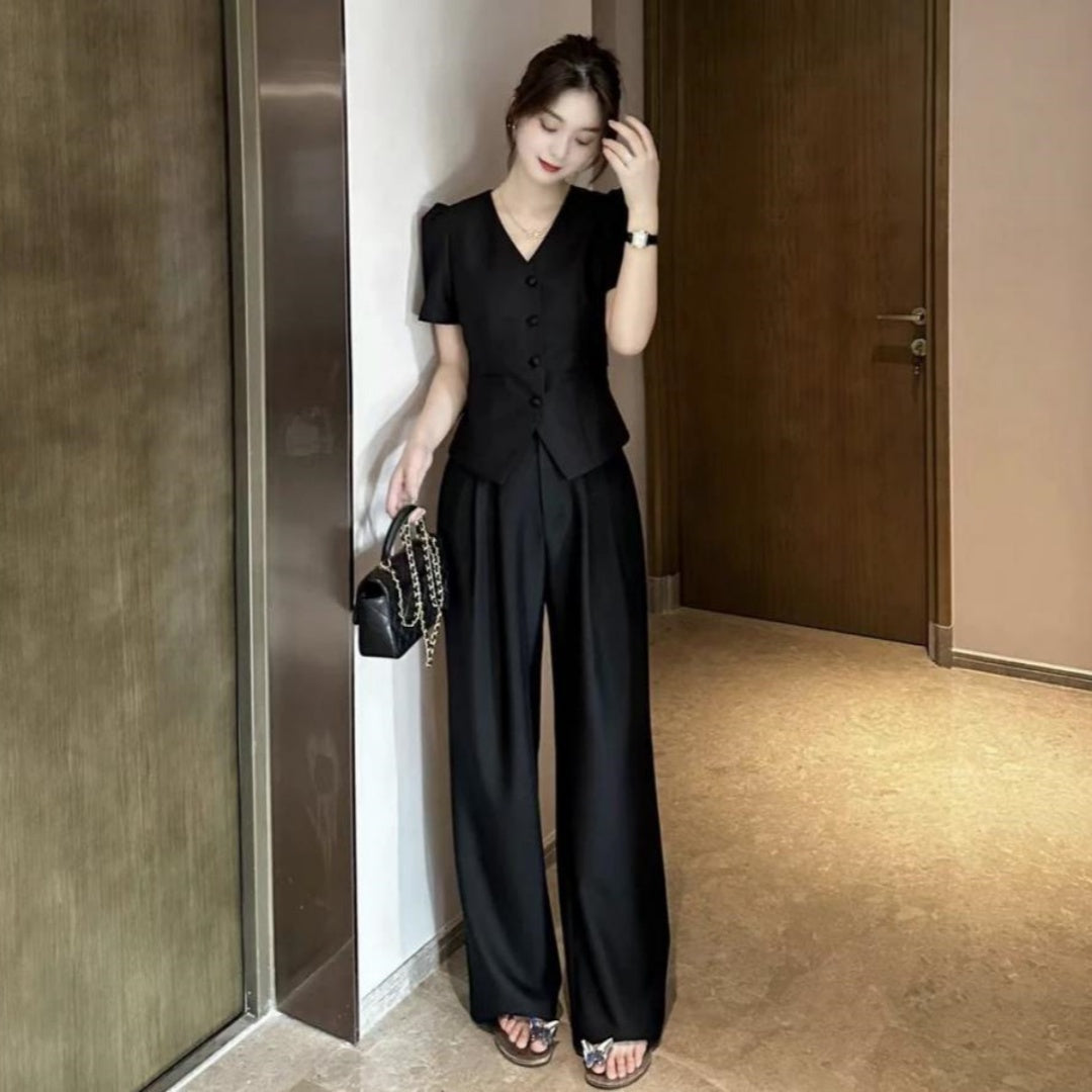 New Flattering Short Sleeve Top and Casual Wide Leg Pants Two Piece Set for Women