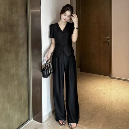 New Flattering Short Sleeve Top and Casual Wide Leg Pants Two Piece Set for Women