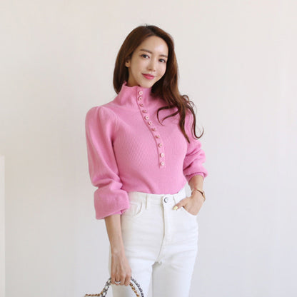 Stylish Women's Knitted Top Long Sleeve Single Breasted