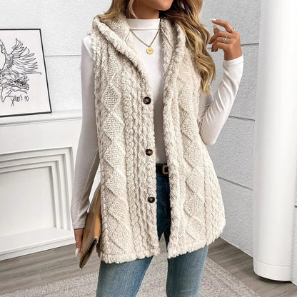 Women's Plush Hooded Button Cardigan Vest