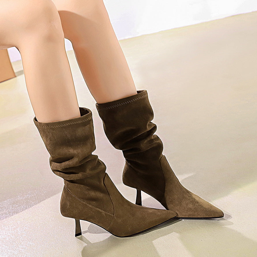 Women's Elastic Pleated Mid Boots Pointed Toe All Match