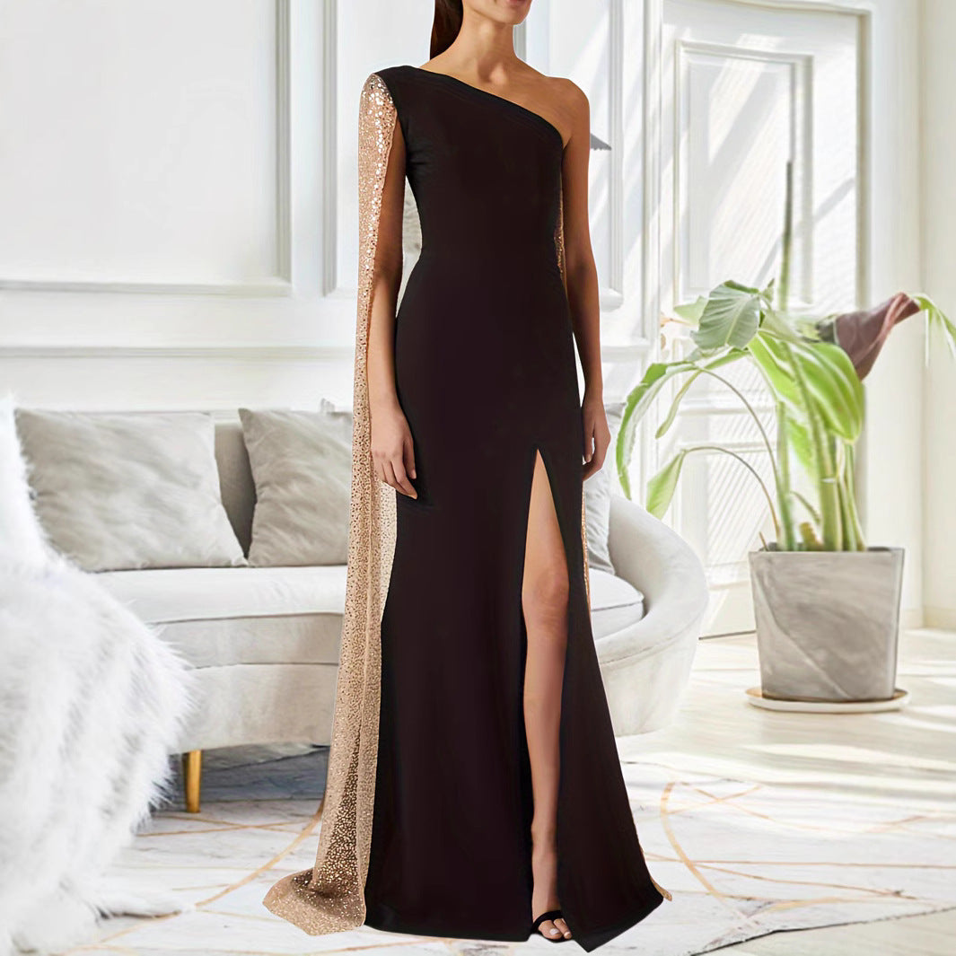 Elegant Women's One Shoulder Black Dress with Slit and Cloak