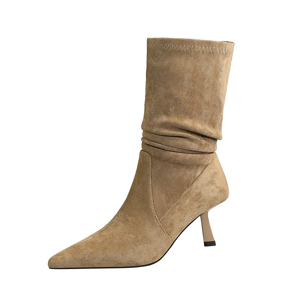 Women's Elastic Pleated Mid Boots Pointed Toe All Match