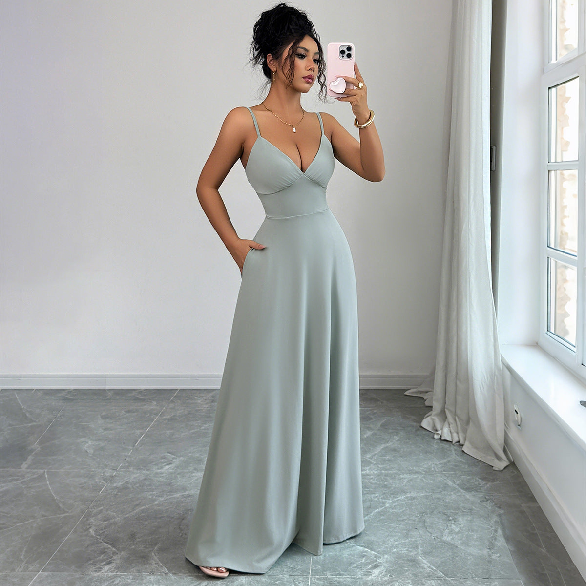 Chic A-Line Maxi Dress for Women – Elegant Strap European Style