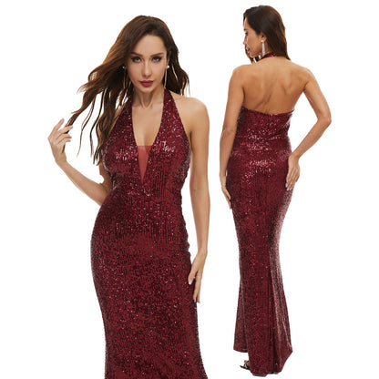 Women’s Sequined Evening Gown – Deep V-Neck Strap, Luxury Banquet Dress