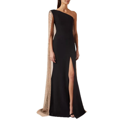 Elegant Women's One Shoulder Black Dress with Slit and Cloak