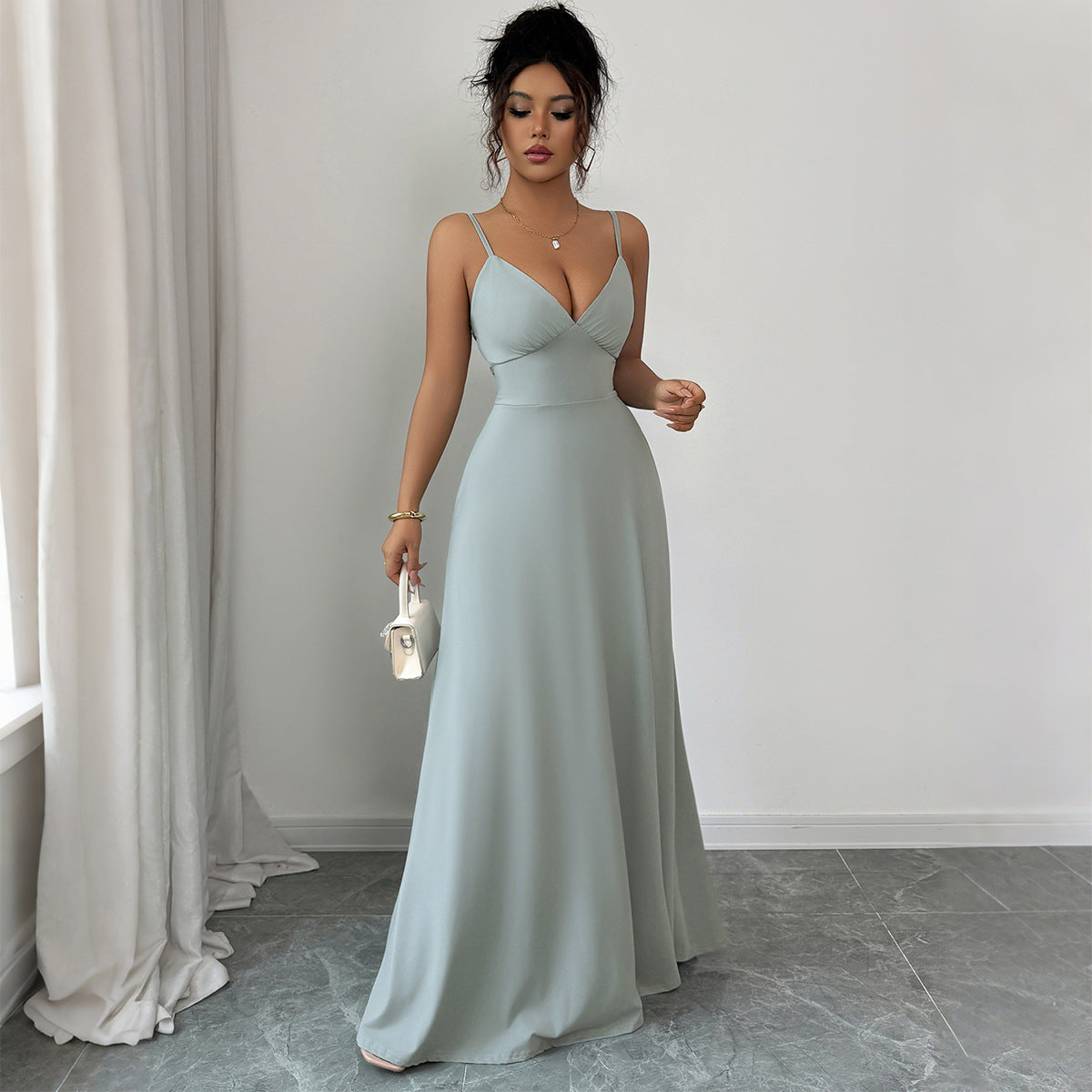 Chic A-Line Maxi Dress for Women – Elegant Strap European Style