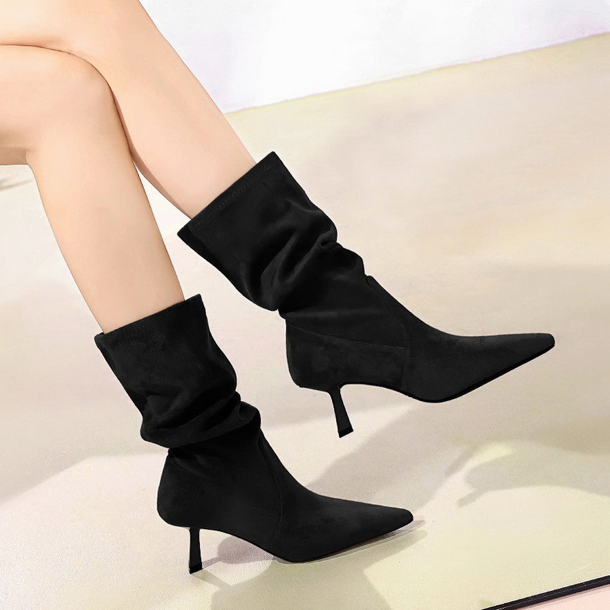 Women's Elastic Pleated Mid Boots Pointed Toe All Match