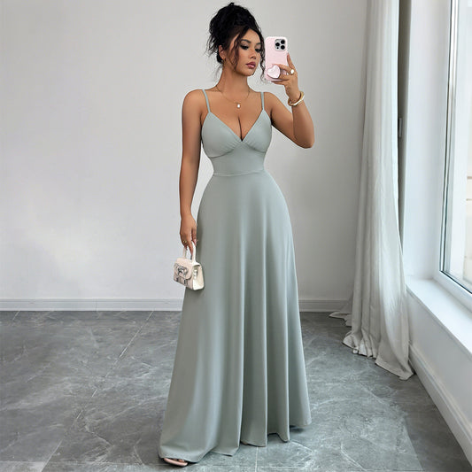 Chic A-Line Maxi Dress for Women – Elegant Strap European Style