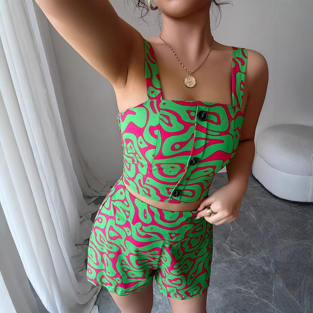 Women's Floral Print Spaghetti Strap Shorts Set