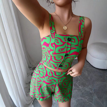 Women's Floral Print Spaghetti Strap Shorts Set