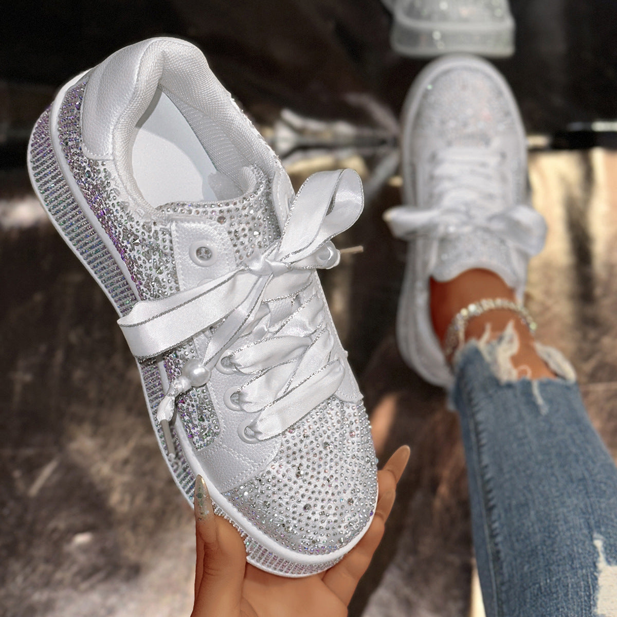 Fashionable Women's Plus Size Starry Rhinestone Sneakers