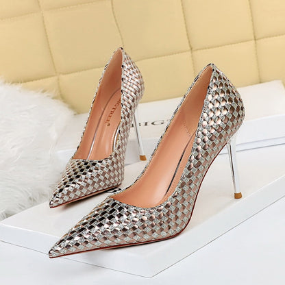 Women's Shiny Sequin Woven Metal Decoration Leather Stiletto Heels