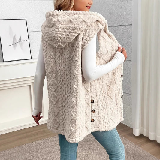 Women's Plush Hooded Button Cardigan Vest