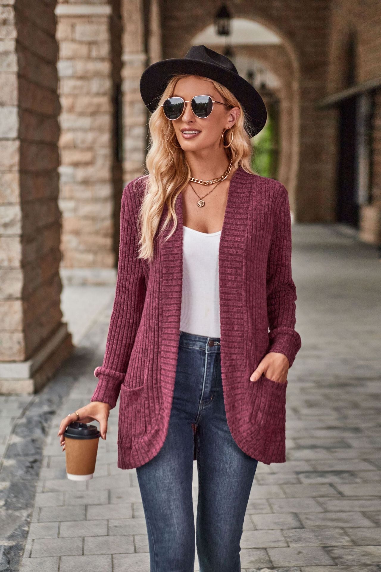 Women's Hollow Striped Brushed Cardigan