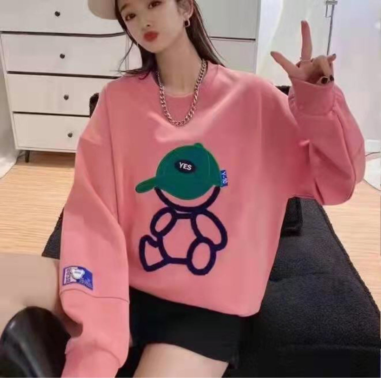 Women's Casual Loose Cartoon Round Neck Cotton Sweater