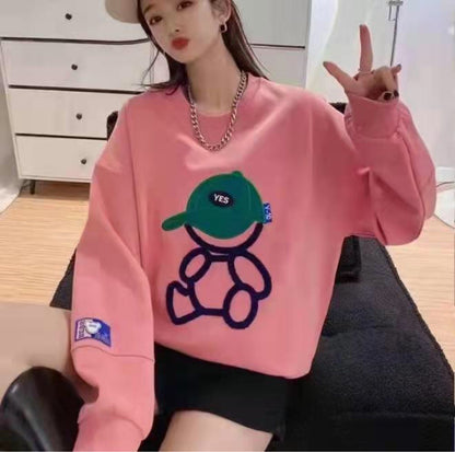 Women's Casual Loose Cartoon Round Neck Cotton Sweater