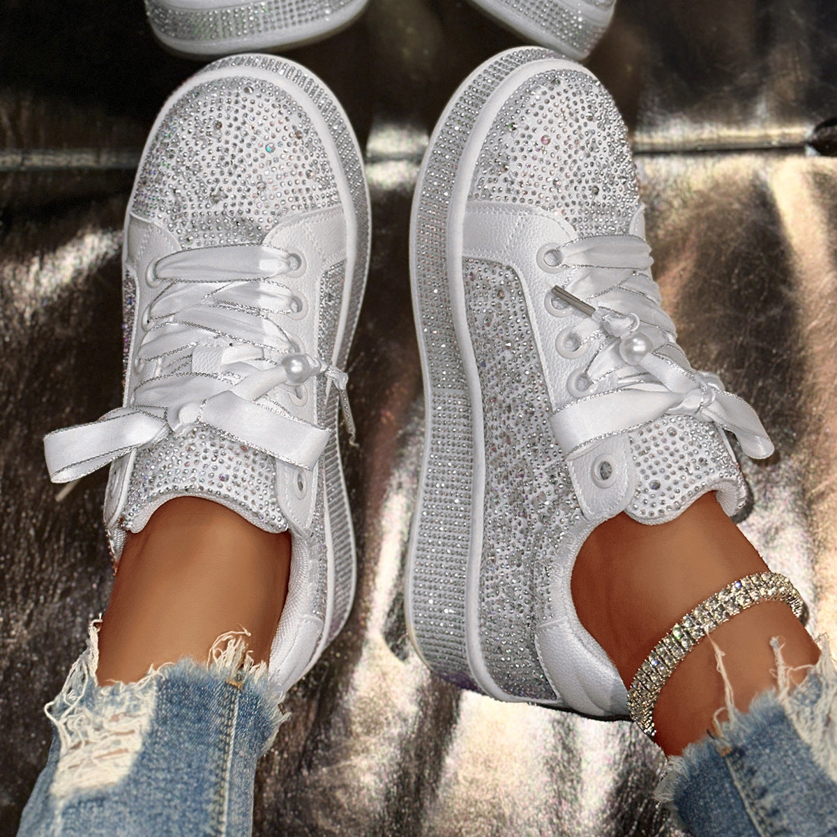 Fashionable Women's Plus Size Starry Rhinestone Sneakers